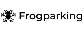 Stylized frog silhouette integrated with a parking symbol on a dark background